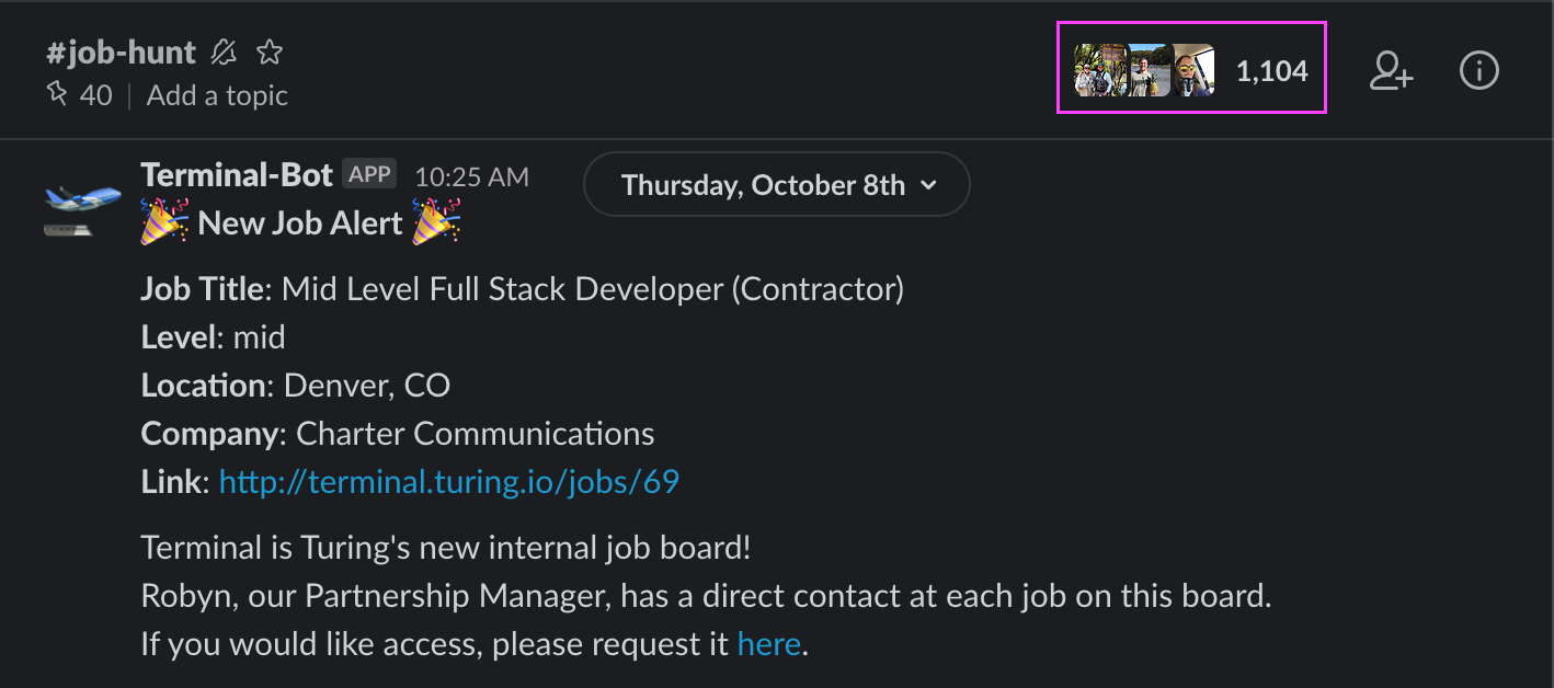 Image of a Slack channel showing a job alert for a Developer position.