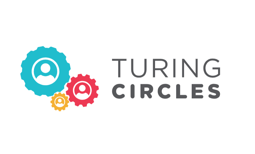 Three interlocking gears in red, yellow, and blue with the words Turing Circles next to it. 