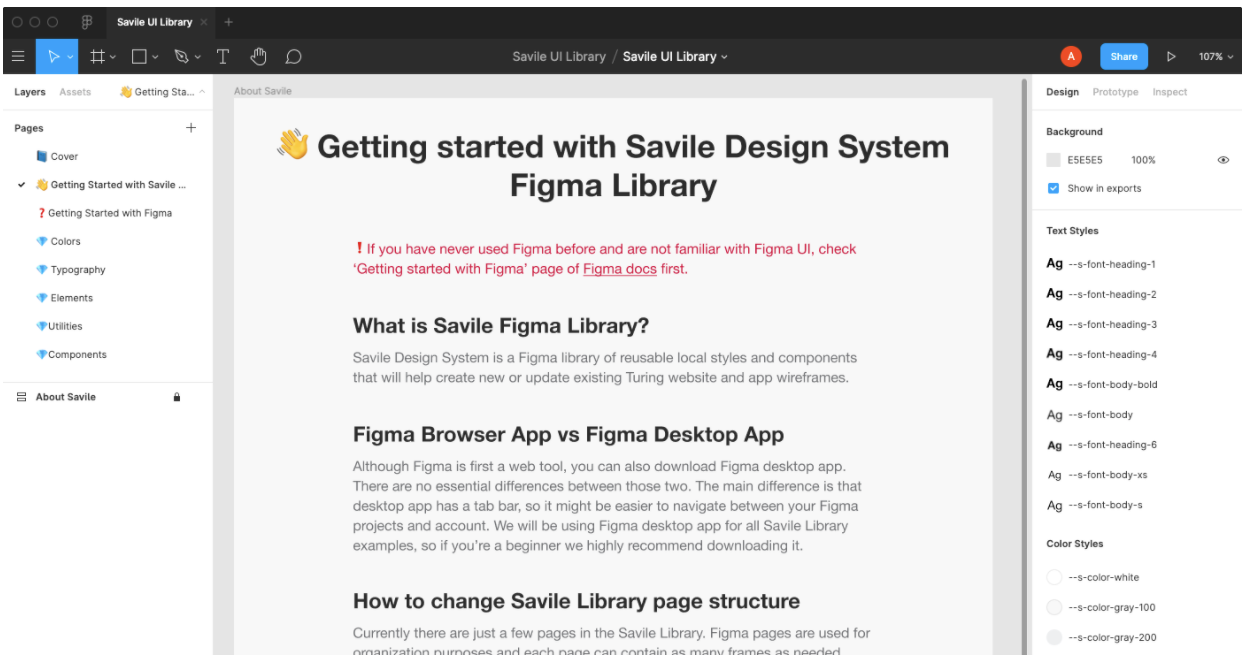 Screenshot of our Figma project, on the home page titled :Getting started with Savile Design System Figma Library