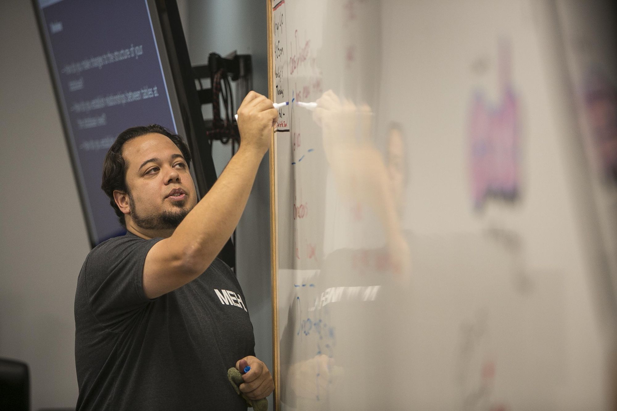 Man standing at whiteboard writing on it with a marker. Text is out of focus.