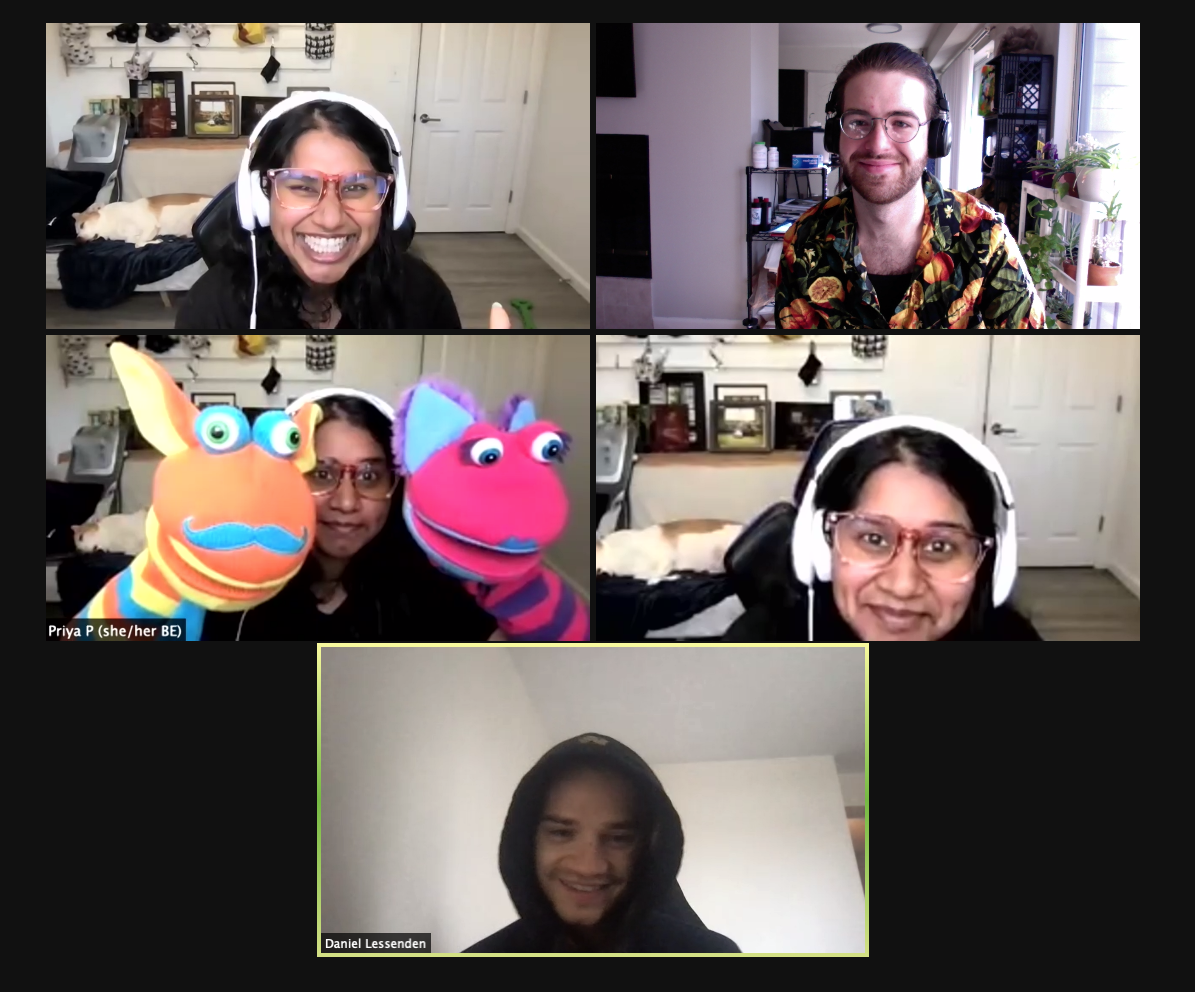 5 blocks of people's faces. The first block has a laughing woman in headphones. The second block is a man wearing a fruit print shirt and smiling. The third block is a woman holding two orange and pink puppets on the screen. The fourth block is the woman in headphones again. The fifth block is a person with a black hood on laughing. 