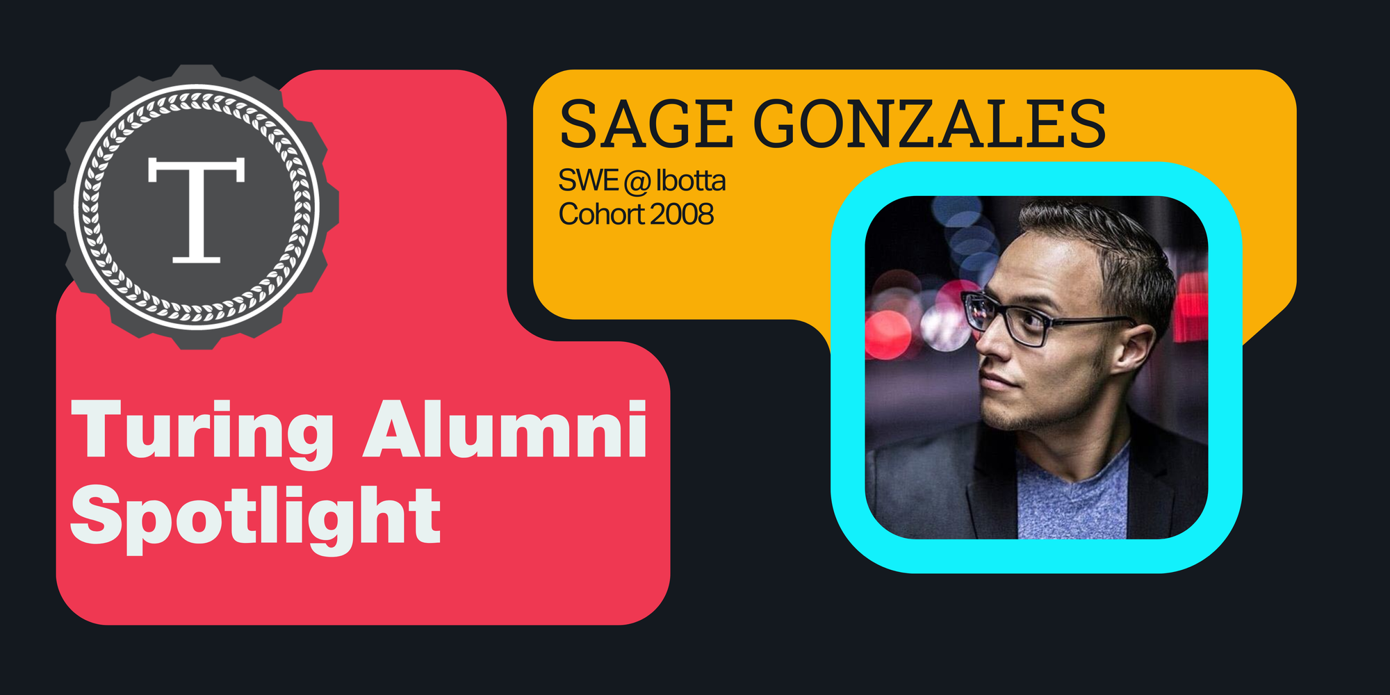 Turing Alumni Spotlight card with Sage's headshot.