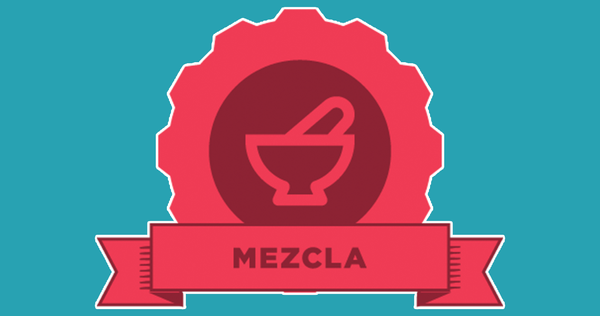 a red molcajete with the word "mezcla" underneath